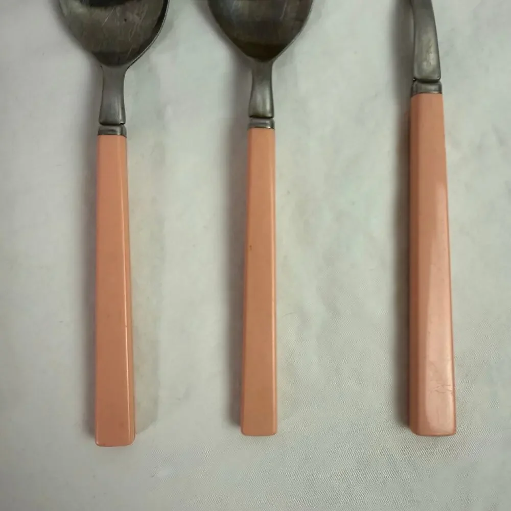 VTG Set of 8 Stainless Flatware Pink Plastic Handle Japan Knives Tea Spoon Forks